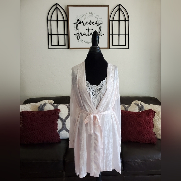 Vintage Y2K 90's Pale Pink 2 Piece Pajama Slip & Robe Set Size M Shabby Chic